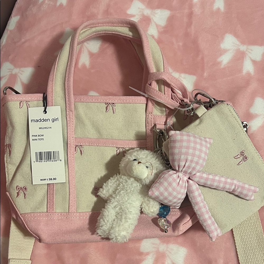 Madden Girl Pink and Cream Tote with Plush Keychain